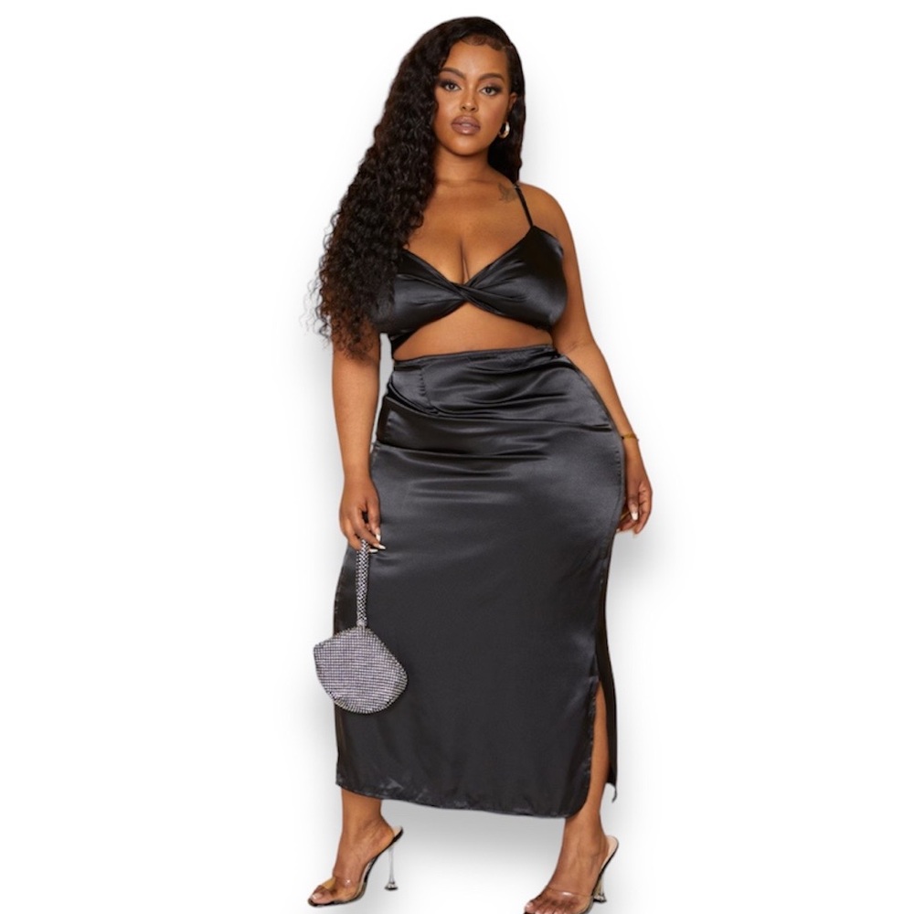 Plus Black Satin Cut Out Midi Bodycon Dress